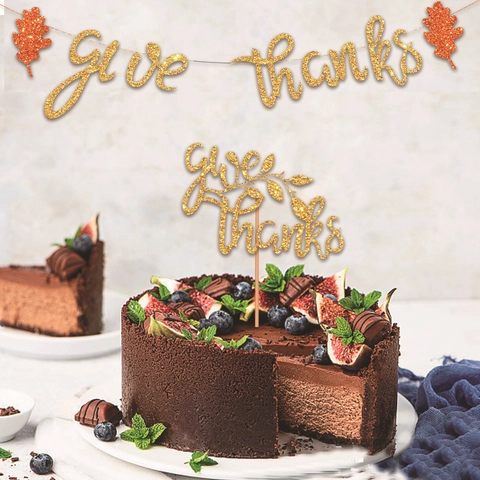Thanksgiving Gold Glitter Give Thanks Banner And Cake Topper Autumn Party Maple Leaf Decoration For Home Table Decor