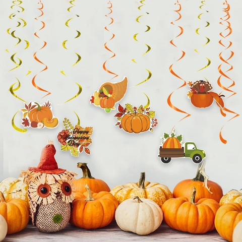 Thanksgiving Hanging Swirl Decorations Pumpkin Turkey Cornucopia Truck Patterns Cardstock PVC Spiral Ornaments Harvest Party Decor