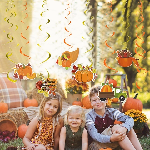 Thanksgiving Hanging Swirl Decorations Pumpkin Turkey Cornucopia Truck Patterns Cardstock PVC Spiral Ornaments Harvest Party Decor