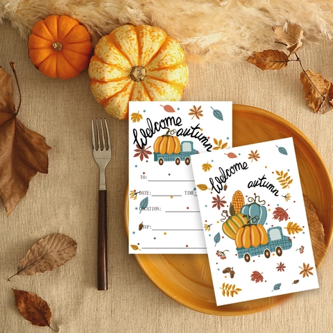 Biglietti d'Invito per il Giorno del Ringraziamento Tema Zucca e Foglie d'Acero Autunnali Fronte Retro Inviti per Eventi