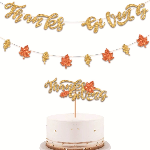 Thanksgiving Party Decoration Banner Maple Leaf Garland And Cake Topper Glitter Paper Autumn Fall Celebration Ornament