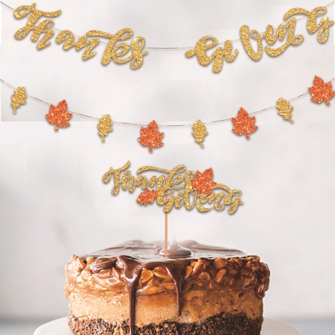 Thanksgiving Party Decoration Banner Maple Leaf Garland And Cake Topper Glitter Paper Autumn Fall Celebration Ornament