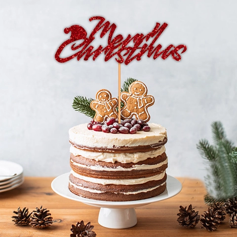Adorno para Tarta Merry Christmas de Purpurina Rojo Dorado Decoración de Fiesta Festiva Con Astas de Reno Campana Gorro de Papá Noel
