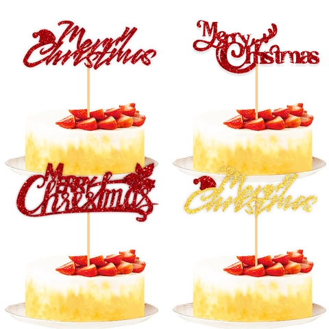 Adorno para Tarta Merry Christmas de Purpurina Rojo Dorado Decoración de Fiesta Festiva Con Astas de Reno Campana Gorro de Papá Noel