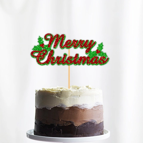 Topper Per Torta Buon Natale Carta Luccicante Festivo Rosso Verde Agrifoglio Bacca Decorazione Festa