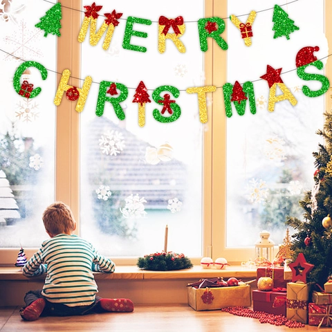 Striscione Merry Christmas Carta Glitterata Decorazione Appesa Festiva Rosso Verde Oro Bandiera Lettera Articoli Per Feste