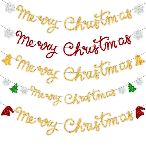 Banner Buon Natale Ghirlanda Di Carta Luccicante Fiocco Di Neve Albero Campana Festone Decorazione Per Festa