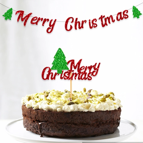 Banner Merry Christmas E Decorazioni Per Torte Carta Luccicante Rosso Verde Per Decorazioni Di Feste