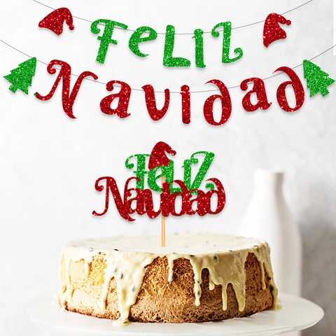 Feliz Navidad Banner Und Kuchenaufsätze Glitzerpapier Rot Grün Weihnachtsfeier Dekorationen Festlich