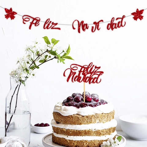 Banner Di Natale E Cake Topper Rosso Glitterato Feliz Navidad Ghirlanda Di Lettere Spagnole Decorazione Per Torte Di Festa
