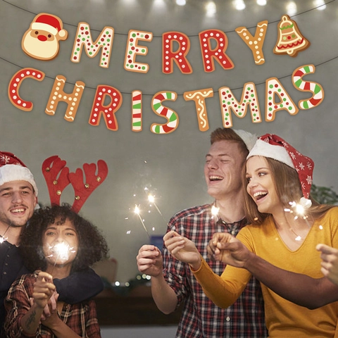 Banner Merry Christmas di Natale Ghirlanda in Carta Stile Pan di Zenzero Per Decorazione Festa Casa Interno Esterno