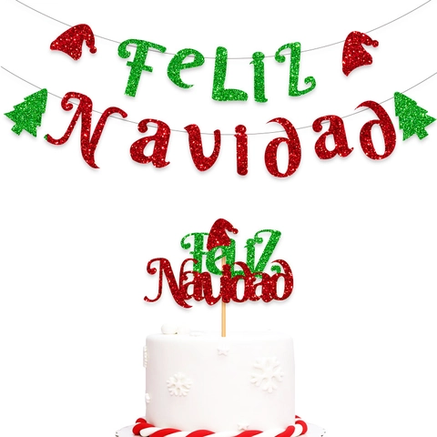 Feliz Navidad Banner Und Kuchenaufsätze Glitzerpapier Rot Grün Weihnachtsfeier Dekorationen Festlich