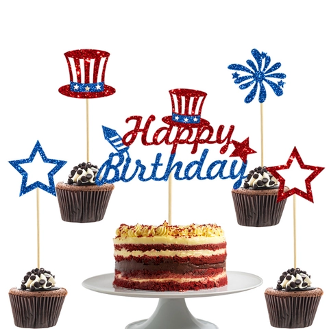 Happy Birthday Cake Topper Glitter Paper Independence Day Theme US Patriotic Star Top Hat Firework Decorations