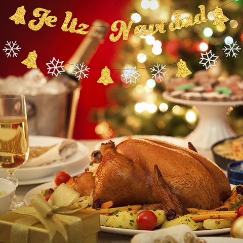 Feliz Navidad Weihnachtsbanner Glitzerpapier Schneeflocken Glocken Feiertag Party Deko Hängegirlande