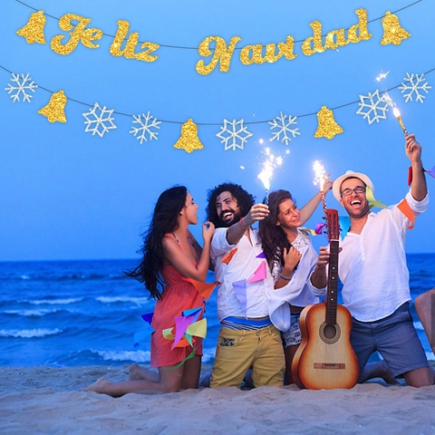 Feliz Navidad Weihnachtsbanner Glitzerpapier Schneeflocken Glocken Feiertag Party Deko Hängegirlande