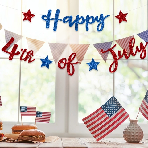 Happy 4th Of July Banner Independence Day Decorations Glitter Paper Star Garland Red Blue Silver Patriotic Hanging Decor