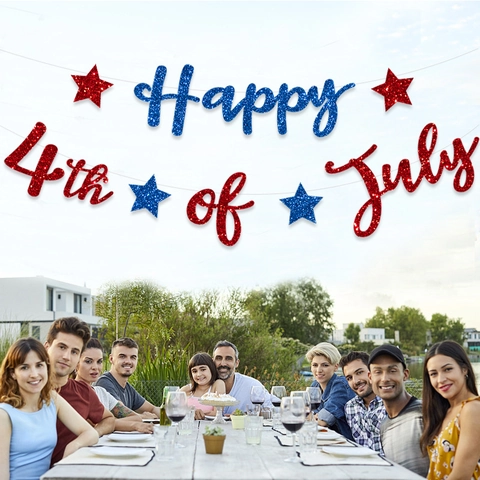 Happy 4th Of July Banner US Independence Day Glitter Paper Bunting With Red Blue Silver Stars Hanging Party Decorations