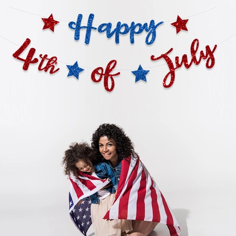 Happy 4th Of July Banner US Independence Day Glitter Paper Bunting With Red Blue Silver Stars Hanging Party Decorations