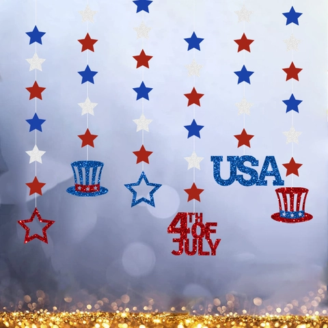 Independence Day Hanging Star Garlands Glitter Paper Patriotic Banner USA Party Decoration Red White Blue Festive Ornament