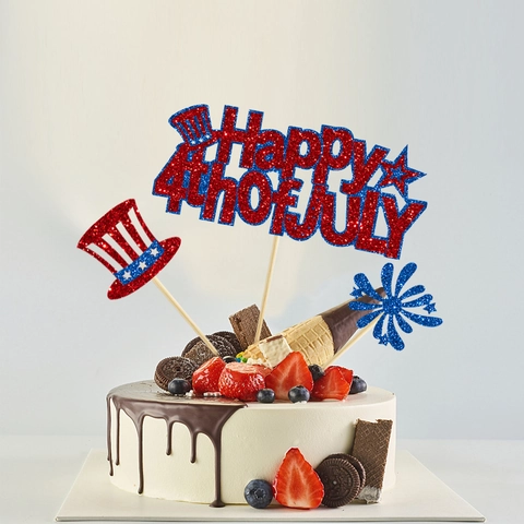 Decorazione Torta Carta Luccicante Happy 4th Of July Stelle Fuochi D'artificio Cappello Festa Indipendenza Tema Americano
