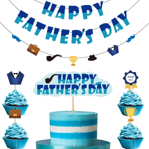 Alles Gute Zum Vatertag Party Deko Set Blaues Papier Banner Kuchendeko Cupcake Topper Mit Schnurrbart Pfeife Trophäe Design