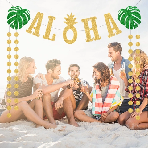 Aloha Banner Hawaii Tropische Party Dekorationen Glitzerpapier Ananas Monstera Blatt Goldener Kreis Punkt Girlande