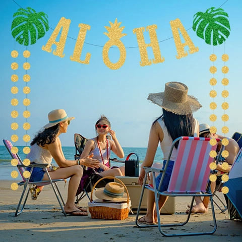 Aloha Banner Hawaii Tropische Party Dekorationen Glitzerpapier Ananas Monstera Blatt Goldener Kreis Punkt Girlande