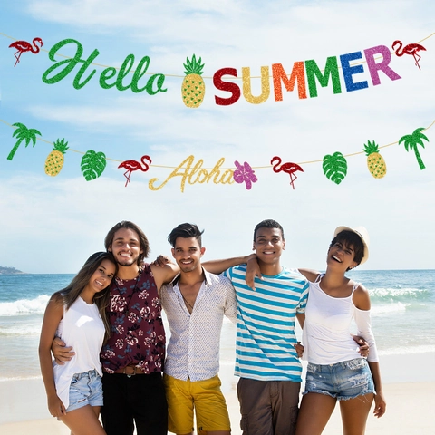 Set Striscioni Festa Hawaiiana Tropicale Fenicottero Ananas Palma Aloha Hello Summer Decorazione Appendibile per Luau Beach Party