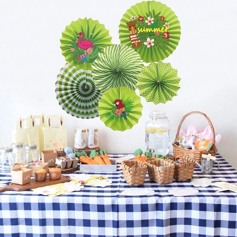Tropical Summer Party Decoration Paper Fans Flamingo Monstera Leaf Banner Hawaiian Luau Party Hanging Decor
