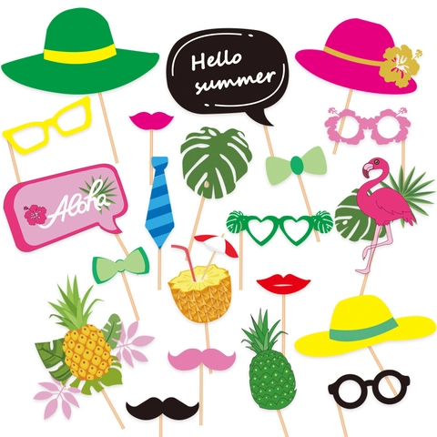 Hawaii Tropical Party Photo Booth Props Summer Beach Theme Paper Sunglasses Pineapple Flamingo Monstera Leaf Party Supplies