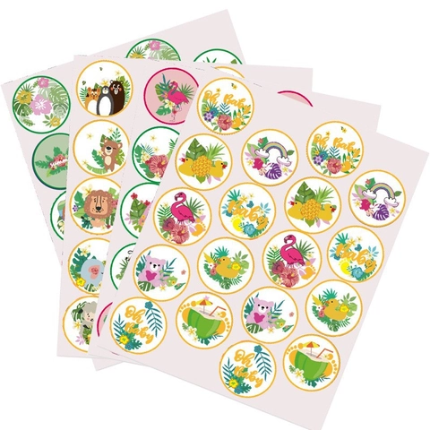 Adesivi Tondi Hawaii Tropicale Fenicottero Ananas per Sacchetti Regalo Festa Sigillo Busta Decorazione Scrapbooking Multicolore