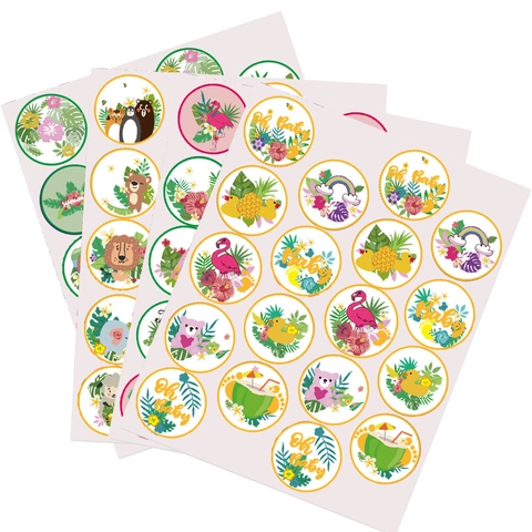 Adesivi Tondi Hawaii Tropicale Fenicottero Ananas per Sacchetti Regalo Festa Sigillo Busta Decorazione Scrapbooking Multicolore