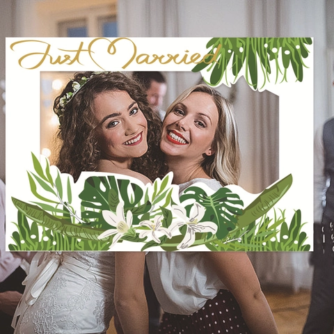 Wedding Photo Booth Frame Prop Paper Just Married Tropical Monstera Leaves Summer Hawaiian Party Handheld Decorations