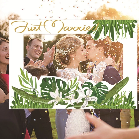 Wedding Photo Booth Frame Prop Paper Just Married Tropical Monstera Leaves Summer Hawaiian Party Handheld Decorations