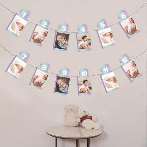Iridescent Shell Baby First Birthday Photo Banner Ocean Mermaid Theme Monthly Growth Record Paper Bunting Garland Decoration