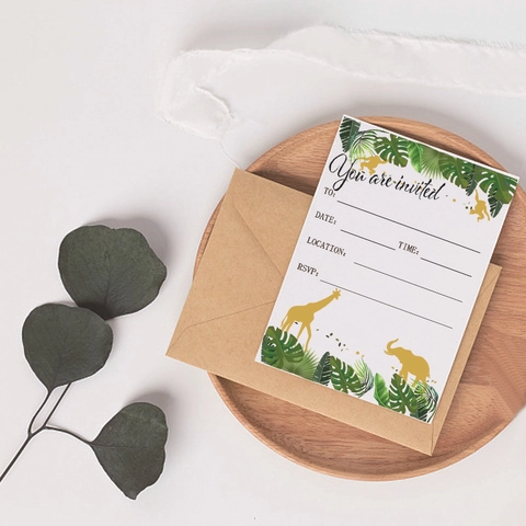 Summer Jungle Animal Birthday Party Invitation Cards White Cardstock Tropical Leaves Golden Silhouette Invitations