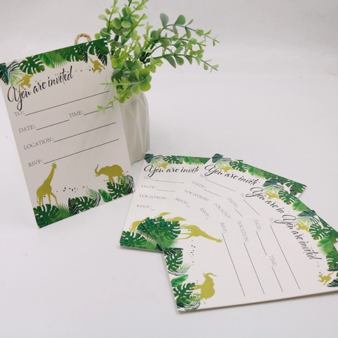 Summer Jungle Animal Birthday Party Invitation Cards White Cardstock Tropical Leaves Golden Silhouette Invitations