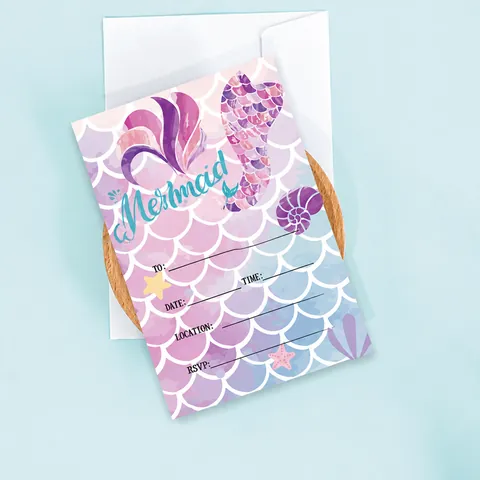 Mermaid Theme Party Invitation Cards Watercolor Fish Scales Shell Starfish Oceanic Design Birthday Celebration Supplies