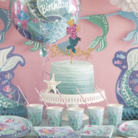 Glitter Mermaid Theme Birthday Cake Topper With Crowns And Fish Tail For Baby Girl Party Numbers 1-9 Cake Decoration
