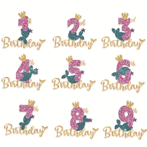 Glitter Mermaid Theme Birthday Cake Topper With Crowns And Fish Tail For Baby Girl Party Numbers 1-9 Cake Decoration