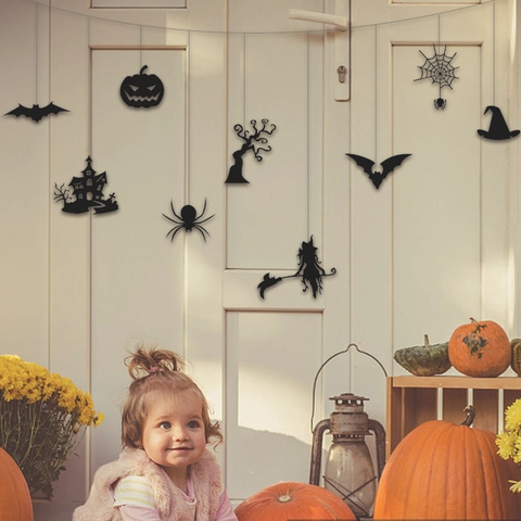 Set di Decorazioni Sospese Halloween Nero Silhouette Zucca Pipistrello Ragno Strega Casa Stregata Festa Decorazione Parete Ghirlanda