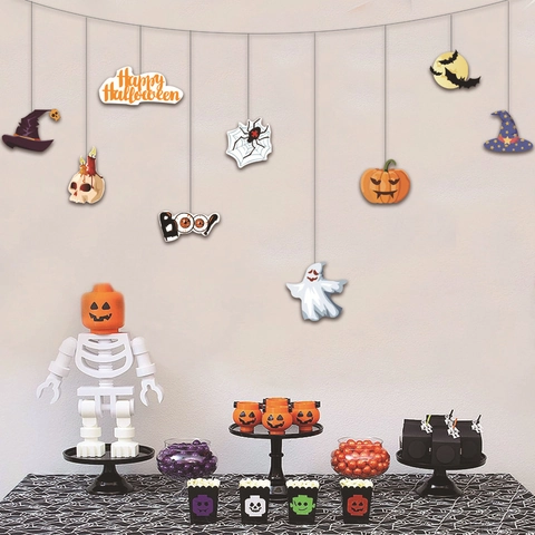 Halloween Hanging Banner Decoration Set Happy Halloween Boo Pumpkin Ghost Bat Spider Web Skeleton Wizard Hat Bunting For Indoor Party Decor