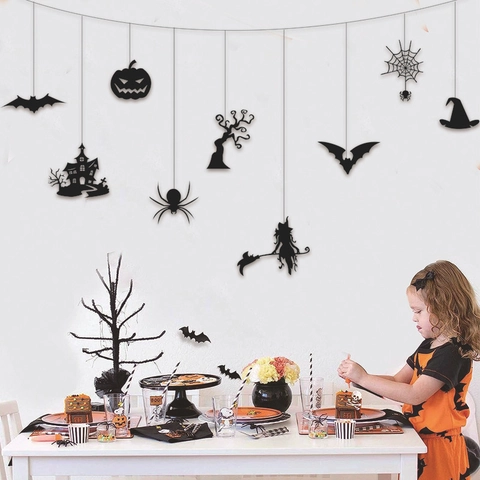 Set di Decorazioni Sospese Halloween Nero Silhouette Zucca Pipistrello Ragno Strega Casa Stregata Festa Decorazione Parete Ghirlanda