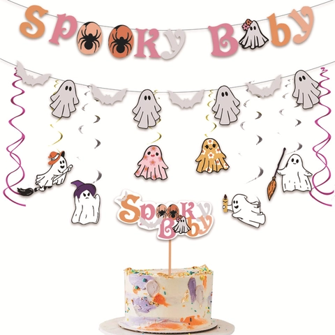 Spooky Baby Halloween Party Decorations Paper Ghost Bat Banner Hanging Swirls Cake Toppers For Halloween Birthday Celebration