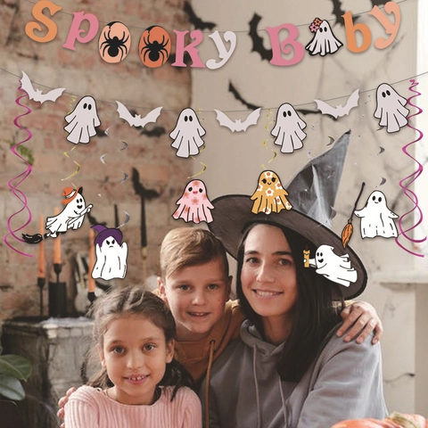Spooky Baby Halloween Party Decorations Paper Ghost Bat Banner Hanging Swirls Cake Toppers For Halloween Birthday Celebration