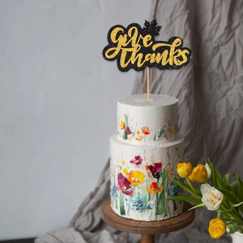 Decorazione per Torta Giorno del Ringraziamento Give Thanks e Foglia d'Acero Picks Carta Luccicante Festa Autunno