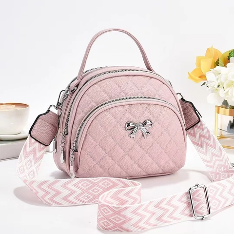 Quilted PU Leather Shoulder Bag Women Multi Pocket Crossbody Handbag With Metal Bow And Wide Geometric Strap Stylish