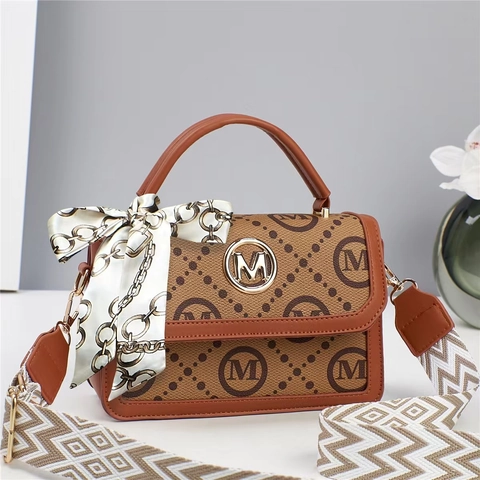 Trendy PU Leather Square Crossbody Bag With M Monogram Print Wide Strap And Scarf Decoration For Women
