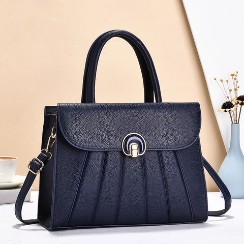 Women PU Leather Lychee Pattern Shoulder Bag Elegant Pleated Tote Handbag Metallic Lock Office Commuter Crossbody Bag
