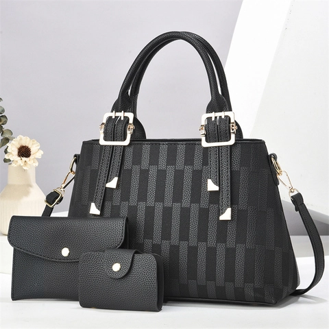 Sac Fourre-Tout Pour Femmes Sac À Main Pochette Et Porte-Cartes Cuir PU Texture Litchi Gaufrée Géométrique Style Banlieusard